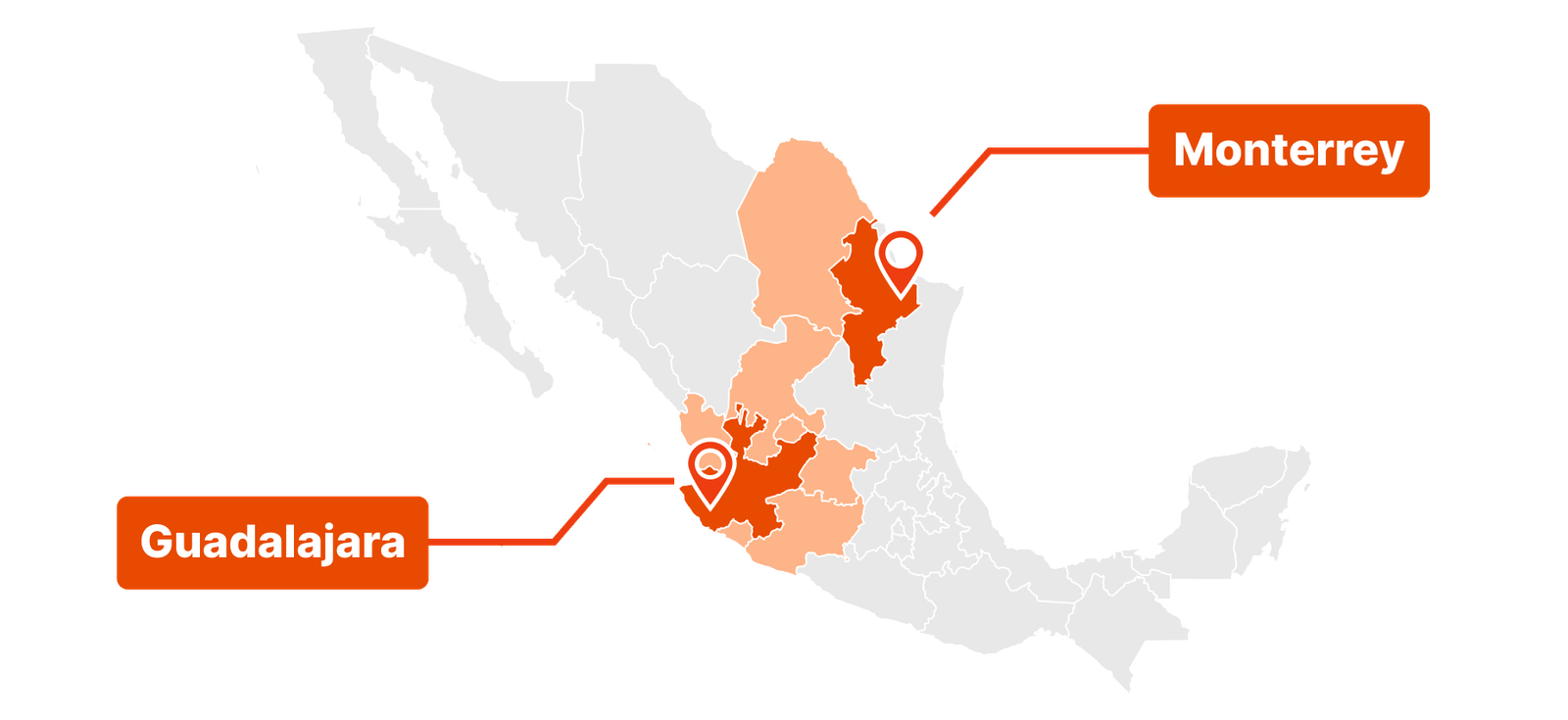 Mapa de cobertura de entrega inmediata en México – Jalisco y Monterrey